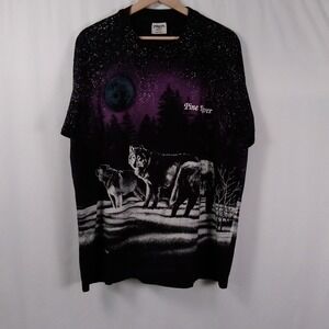 Vintage 90s San Segal‎ Pine River Wolf AOP All Over Print Single Stitch Shirt XL